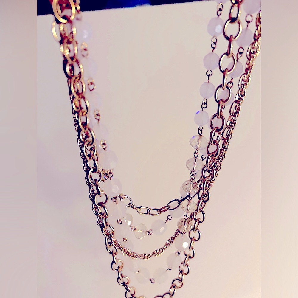 Necklace C Opalite, crystal (faux) beads, gold Multistrand shortest is 20”